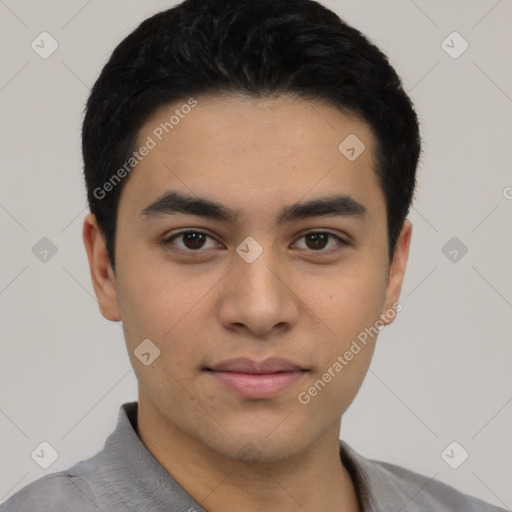 Neutral latino young-adult male with short  black hair and brown eyes