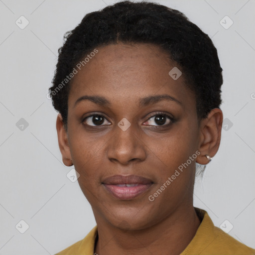 Neutral black young-adult female with short  black hair and brown eyes