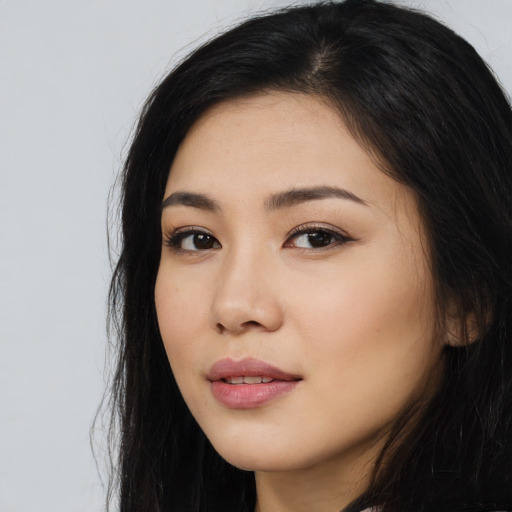Neutral asian young-adult female with long  black hair and brown eyes