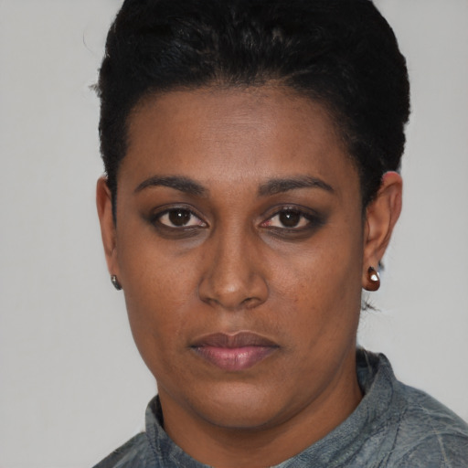 Neutral black young-adult female with short  black hair and brown eyes