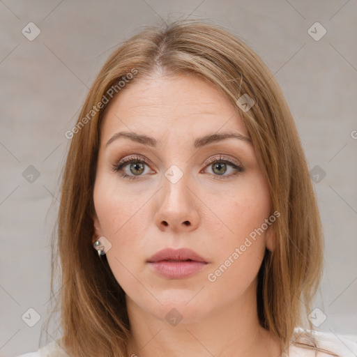 Neutral white young-adult female with medium  brown hair and brown eyes