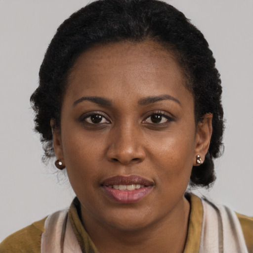 Joyful black young-adult female with long  brown hair and brown eyes