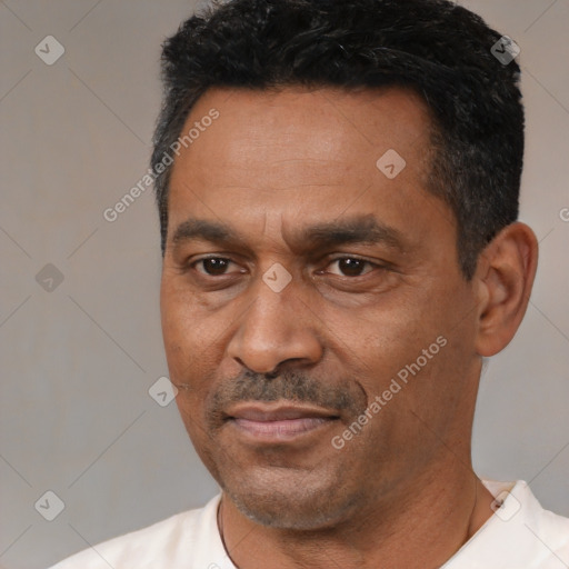 Joyful latino adult male with short  black hair and brown eyes