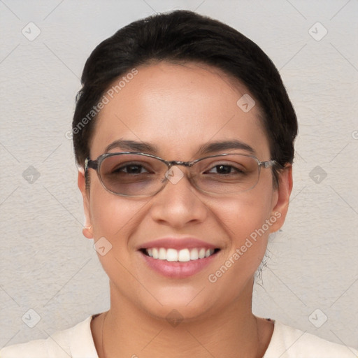 Joyful white young-adult female with short  brown hair and brown eyes