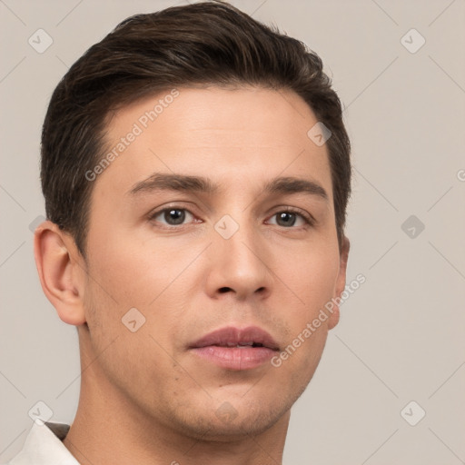 Neutral white young-adult male with short  brown hair and brown eyes