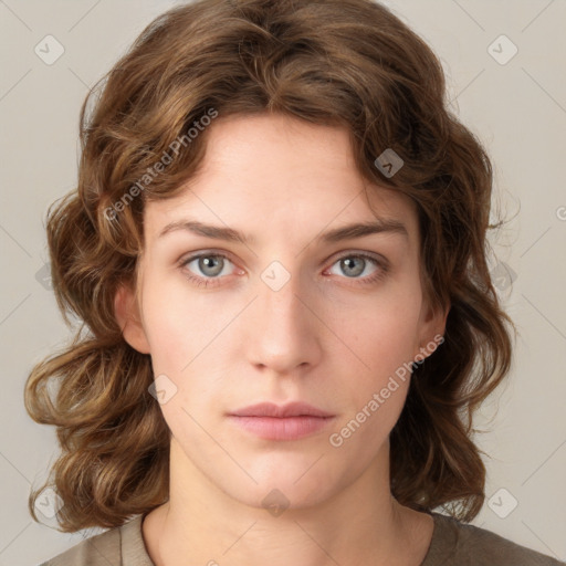 Neutral white young-adult female with medium  brown hair and green eyes