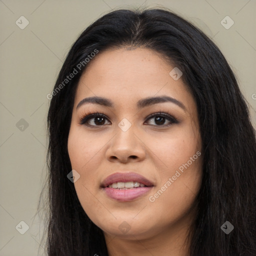 Joyful asian young-adult female with long  black hair and brown eyes