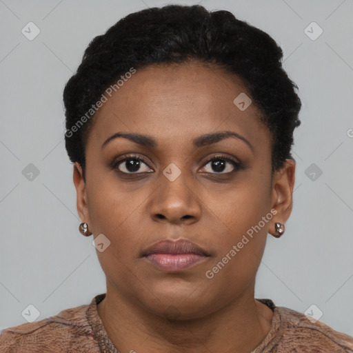 Neutral black young-adult female with short  brown hair and brown eyes