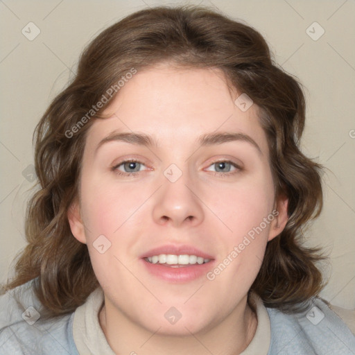 Joyful white young-adult female with medium  brown hair and blue eyes