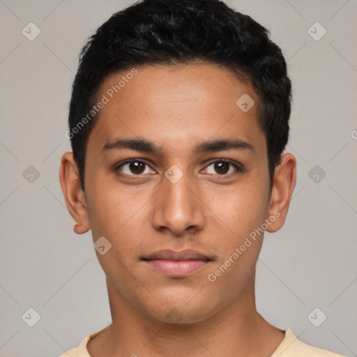 Neutral latino young-adult male with short  black hair and brown eyes