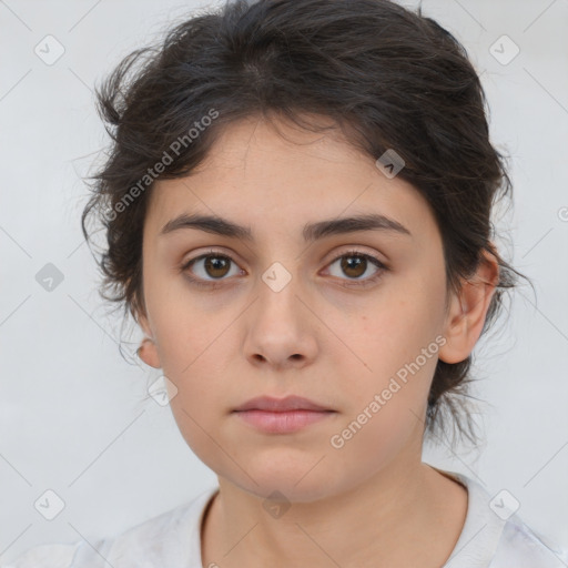 Neutral white young-adult female with medium  brown hair and brown eyes