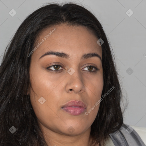 Joyful asian young-adult female with long  brown hair and brown eyes