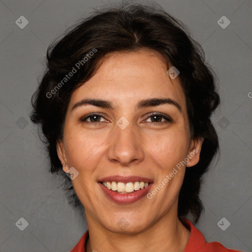 Joyful white adult female with medium  brown hair and brown eyes