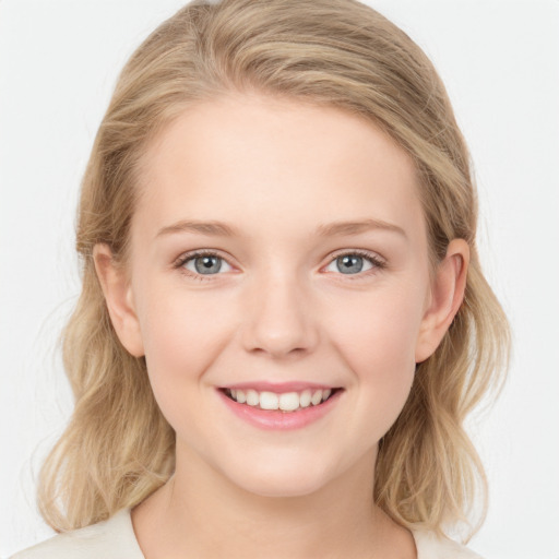 Joyful white young-adult female with medium  brown hair and blue eyes