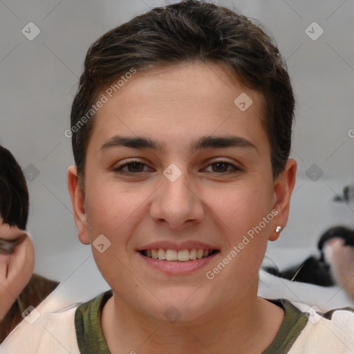 Joyful white young-adult female with short  brown hair and brown eyes