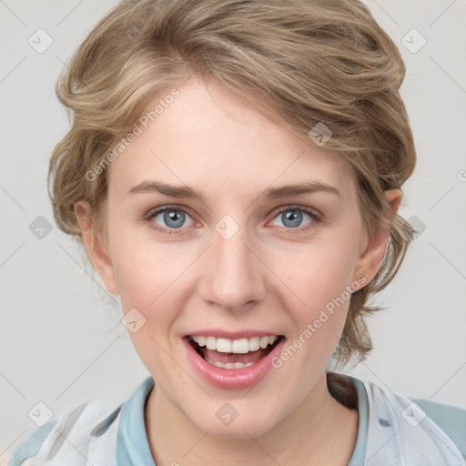 Joyful white young-adult female with medium  brown hair and blue eyes