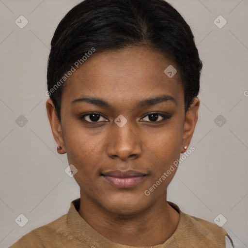 Neutral black young-adult female with short  black hair and brown eyes