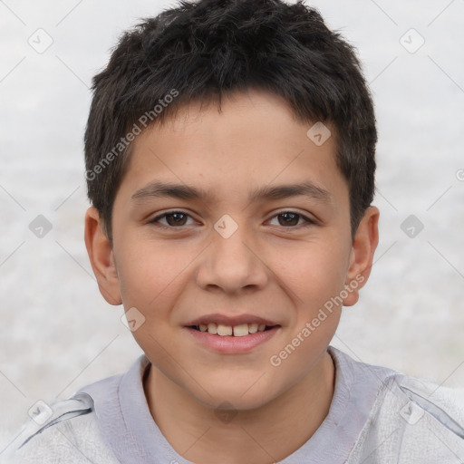 Joyful white child male with short  brown hair and brown eyes