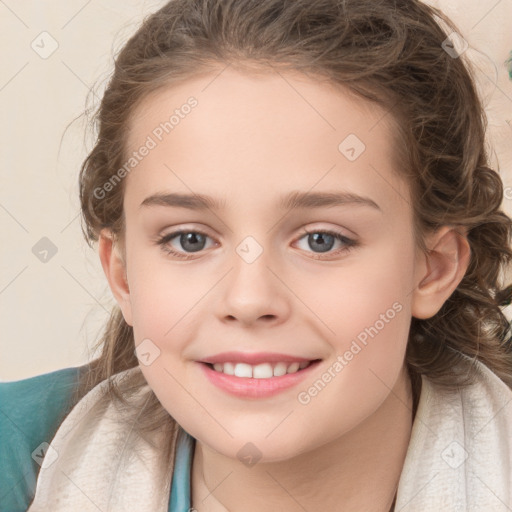 Joyful white child female with medium  brown hair and grey eyes