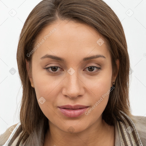 Joyful white young-adult female with long  brown hair and brown eyes