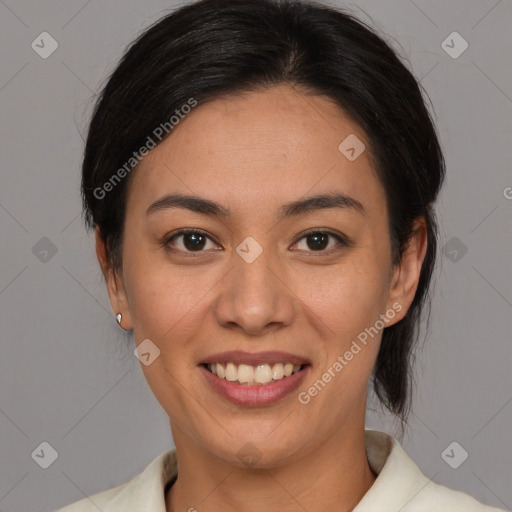 Joyful white young-adult female with medium  brown hair and brown eyes