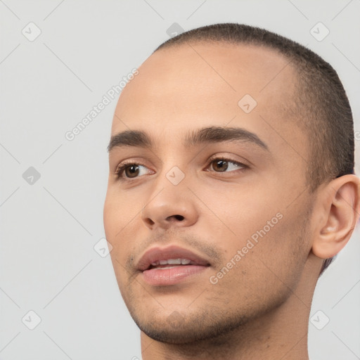 Neutral white young-adult male with short  brown hair and brown eyes