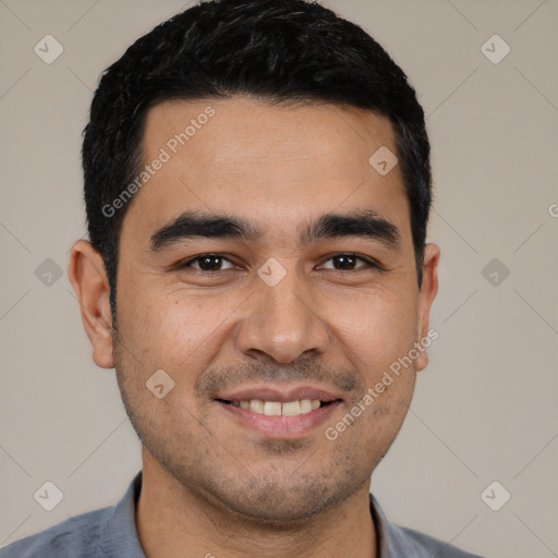 Joyful white young-adult male with short  black hair and brown eyes