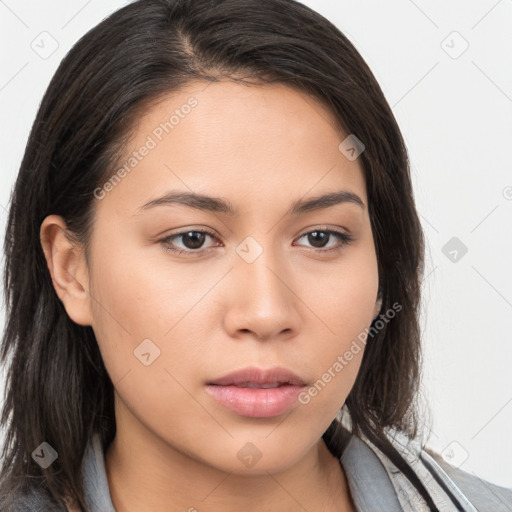 Neutral white young-adult female with long  brown hair and brown eyes