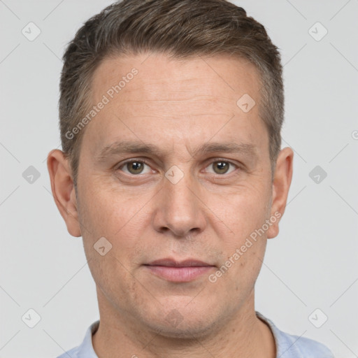 Neutral white adult male with short  brown hair and brown eyes