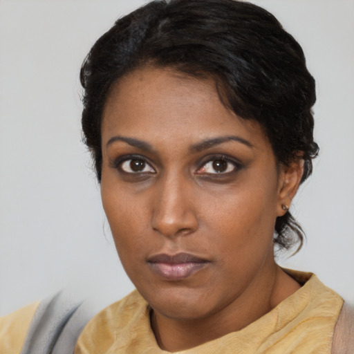 Neutral black young-adult female with medium  brown hair and brown eyes
