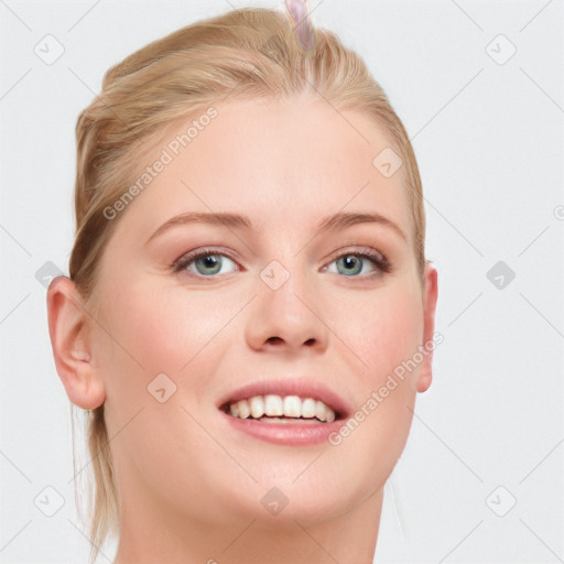 Joyful white young-adult female with medium  brown hair and blue eyes