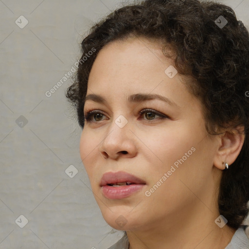 Neutral white young-adult female with short  brown hair and brown eyes