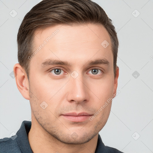 Neutral white young-adult male with short  brown hair and grey eyes