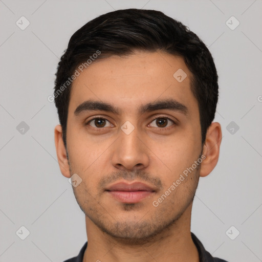 Neutral latino young-adult male with short  black hair and brown eyes