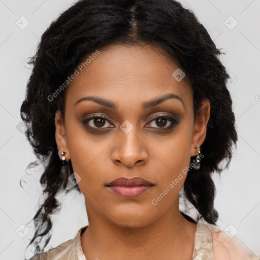 Neutral black young-adult female with medium  brown hair and brown eyes