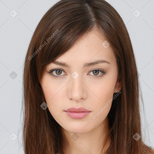 Neutral white young-adult female with long  brown hair and brown eyes