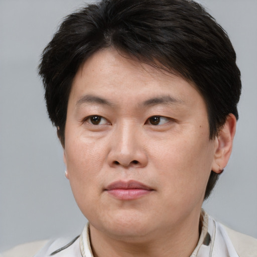Neutral white adult female with short  brown hair and brown eyes