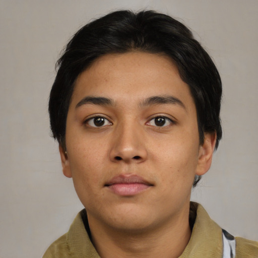 Neutral asian young-adult female with medium  black hair and brown eyes