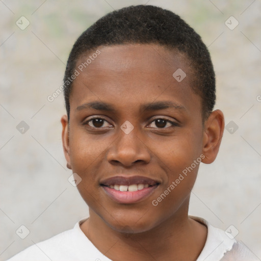 Joyful black young-adult male with short  brown hair and brown eyes