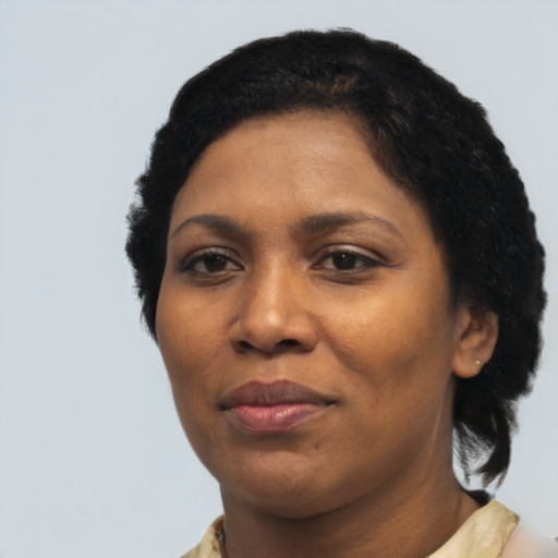 Joyful black adult female with short  black hair and brown eyes