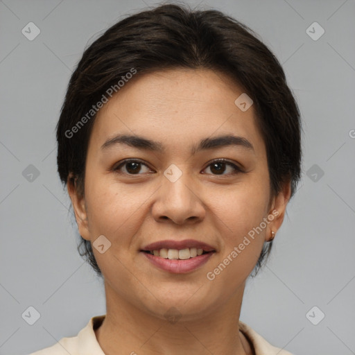 Joyful latino young-adult female with short  brown hair and brown eyes