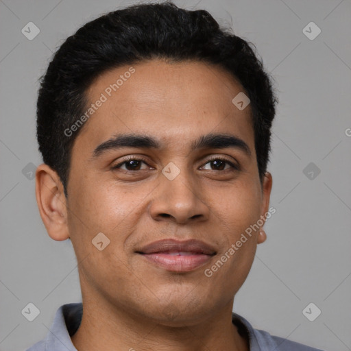 Joyful latino young-adult male with short  brown hair and brown eyes