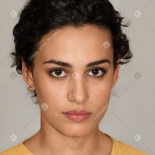 Neutral white young-adult female with short  brown hair and brown eyes