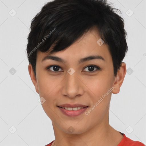 Joyful asian young-adult female with short  brown hair and brown eyes