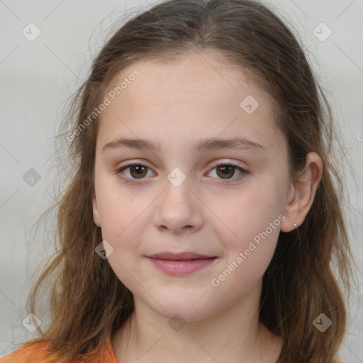 Joyful white child female with medium  brown hair and brown eyes