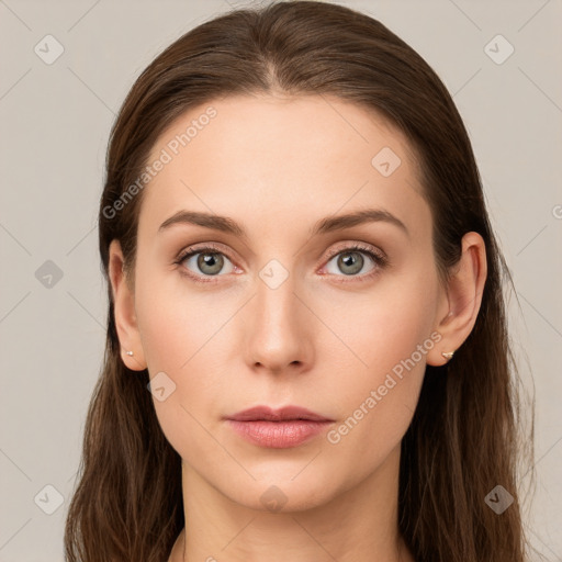 Neutral white young-adult female with long  brown hair and grey eyes