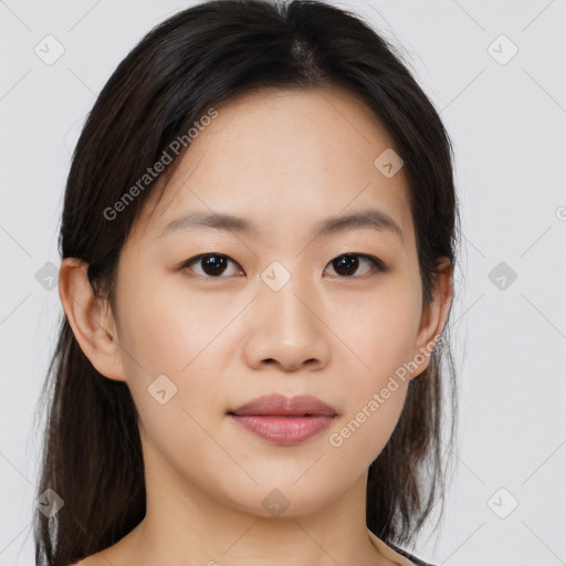 Neutral asian young-adult female with medium  brown hair and brown eyes