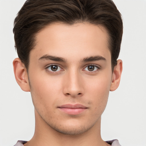 Neutral white young-adult male with short  brown hair and brown eyes