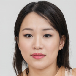 Neutral asian young-adult female with medium  brown hair and brown eyes