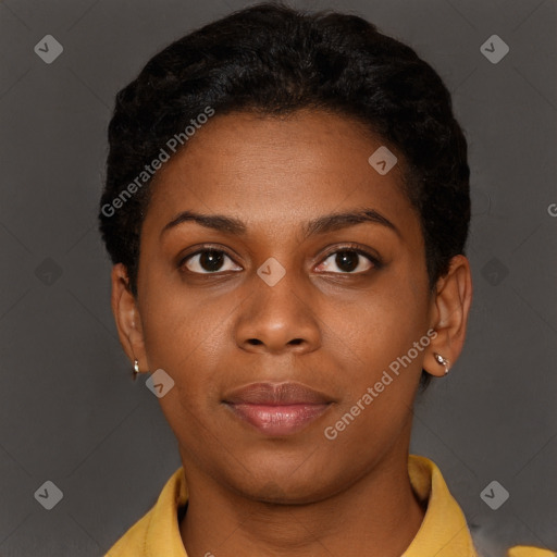 Neutral black young-adult female with short  brown hair and brown eyes